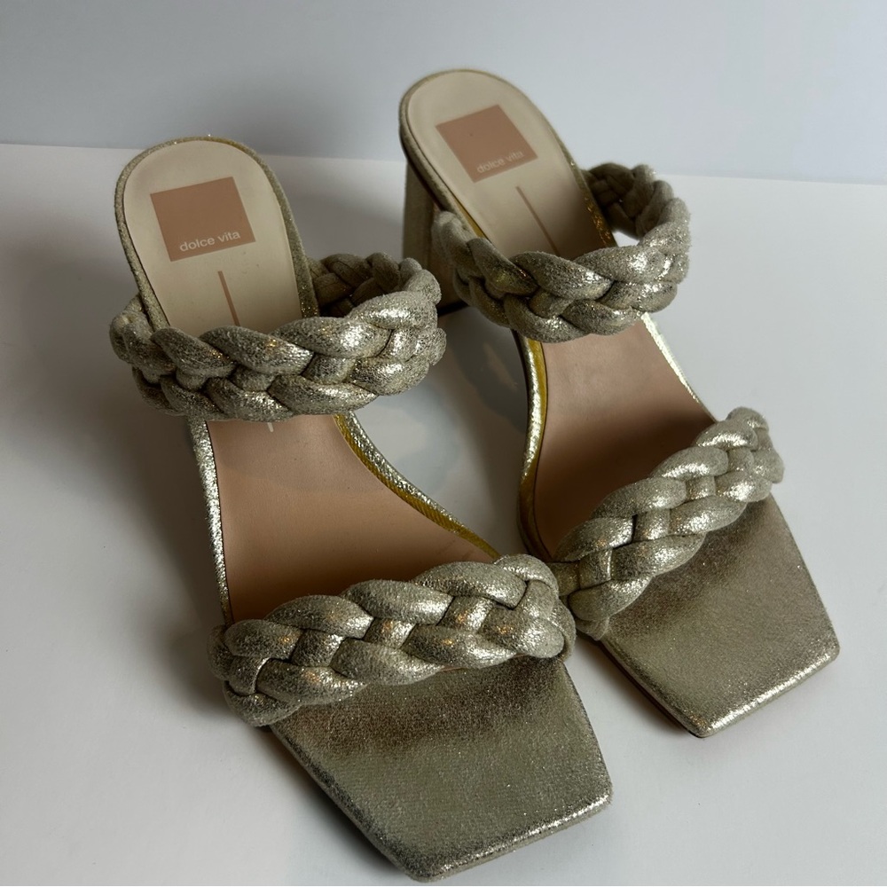Dolce Vita Paily Braided heeled sandal light gold metallic suede size: 11